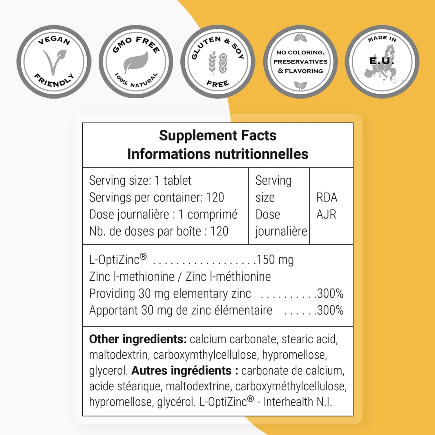 Highly Bioavailable L-OptiZinc 30mg Daily Supplement - Zinc Methionine Tablets - Patented Formula with Natural Sweet Taste - Non-GMO & Gluten Free - 120 Count