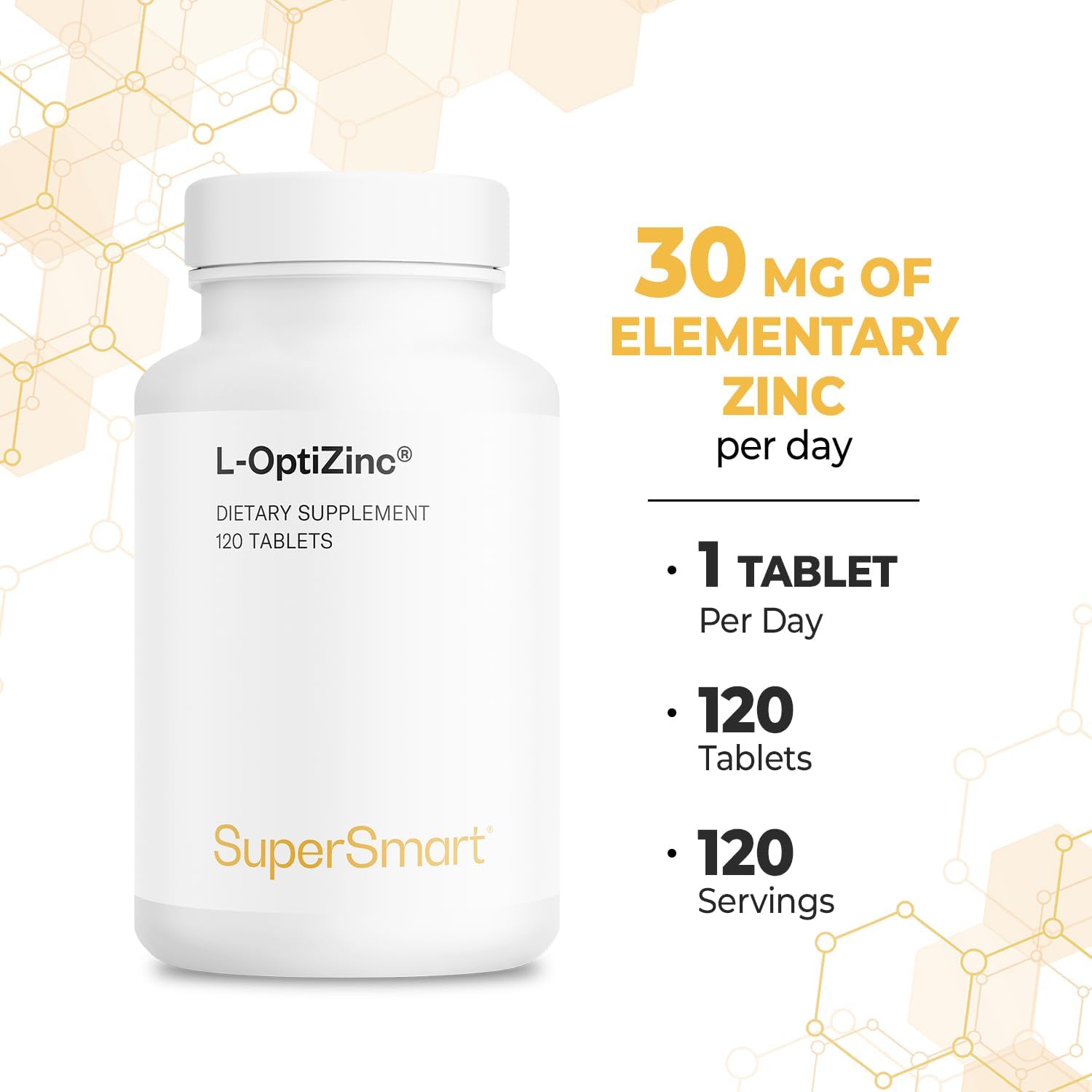 Highly Bioavailable L-OptiZinc 30mg Daily Supplement - Zinc Methionine Tablets - Patented Formula with Natural Sweet Taste - Non-GMO & Gluten Free - 120 Count