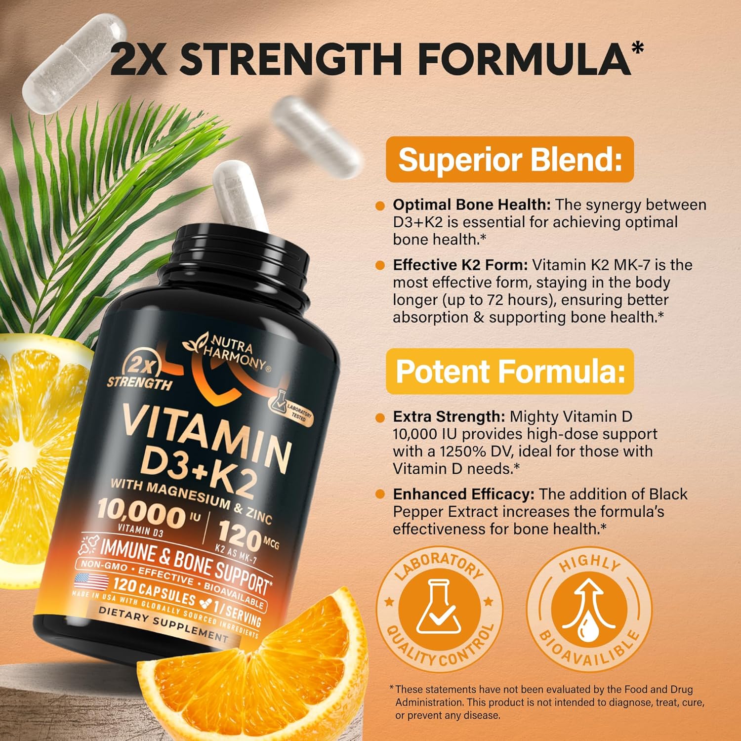Highly Bioavailable Vitamin D3 K2 Capsules for Immune Support - 10000 iu D3 & 120 mcg K2 - Supports Bone and Teeth Health - with Magnesium, Zinc, Vitamin C, B12 - Made in USA - 120 Caps