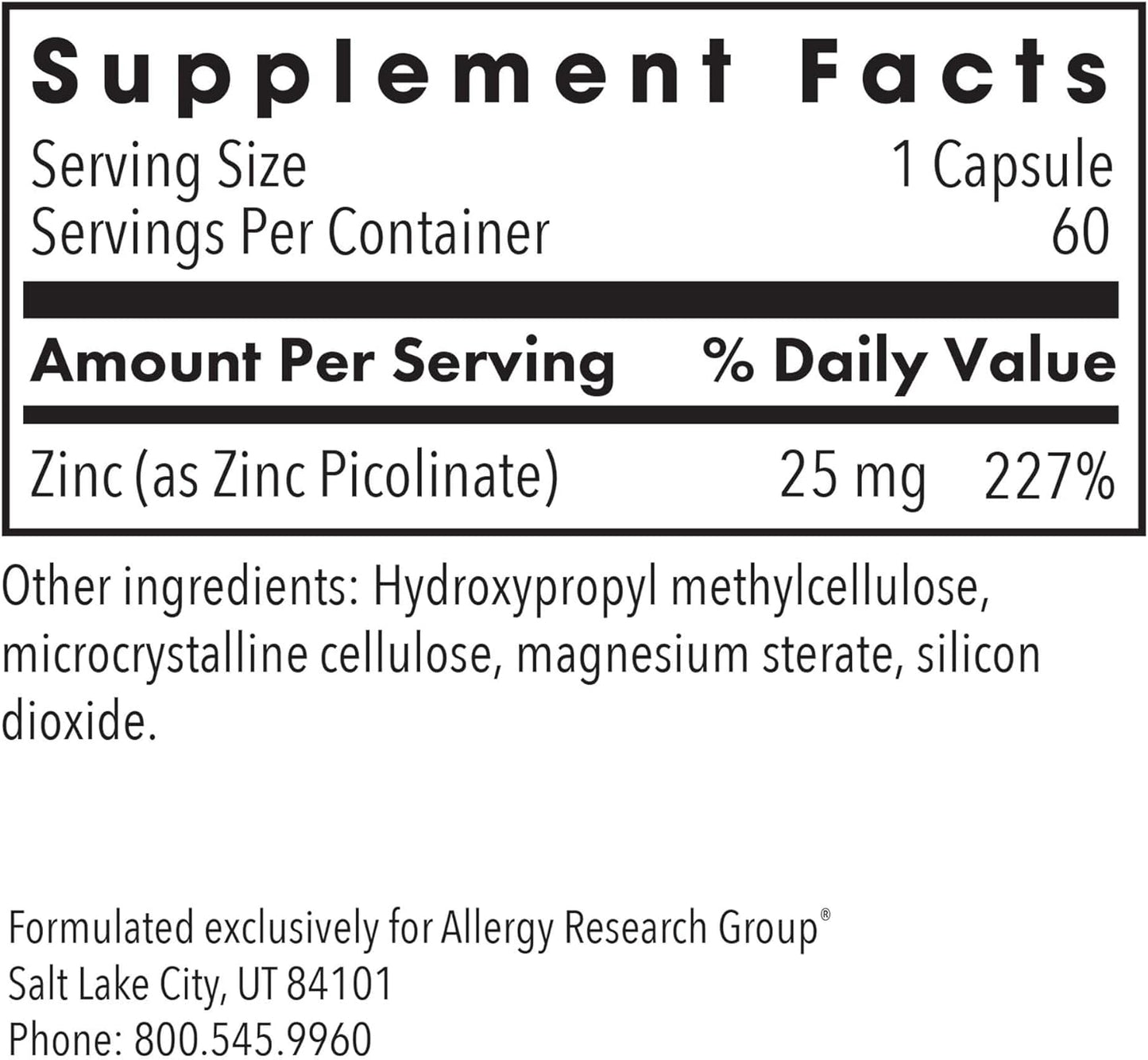Highly Bioavailable Zinc Picolinate Supplement for Immune Health - 60 Vegetarian Capsules - Allergy Research Group