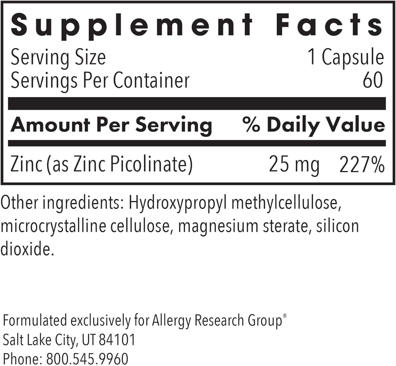 Highly Bioavailable Zinc Picolinate Supplement for Immune Health - 60 Vegetarian Capsules - Allergy Research Group