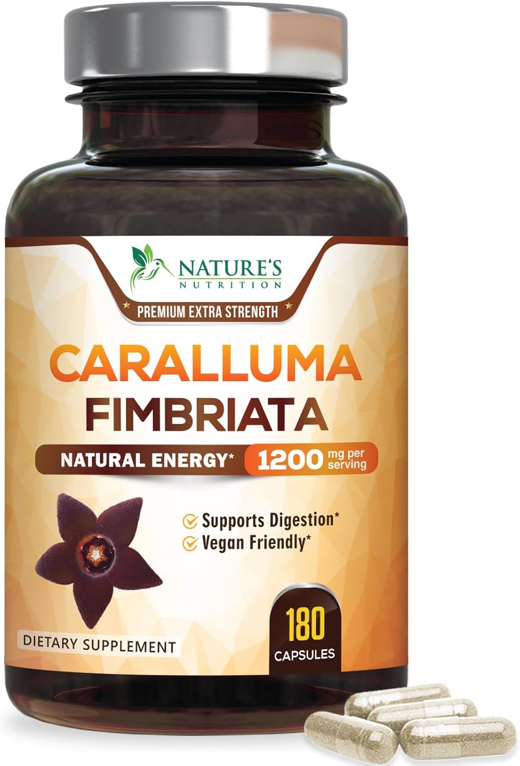 Highly Concentrated 1200mg Pure Caralluma Fimbriata Extract - Natural Endurance Support Capsules for Men & Women - Non-GMO Vegan Supplement - 180 Count