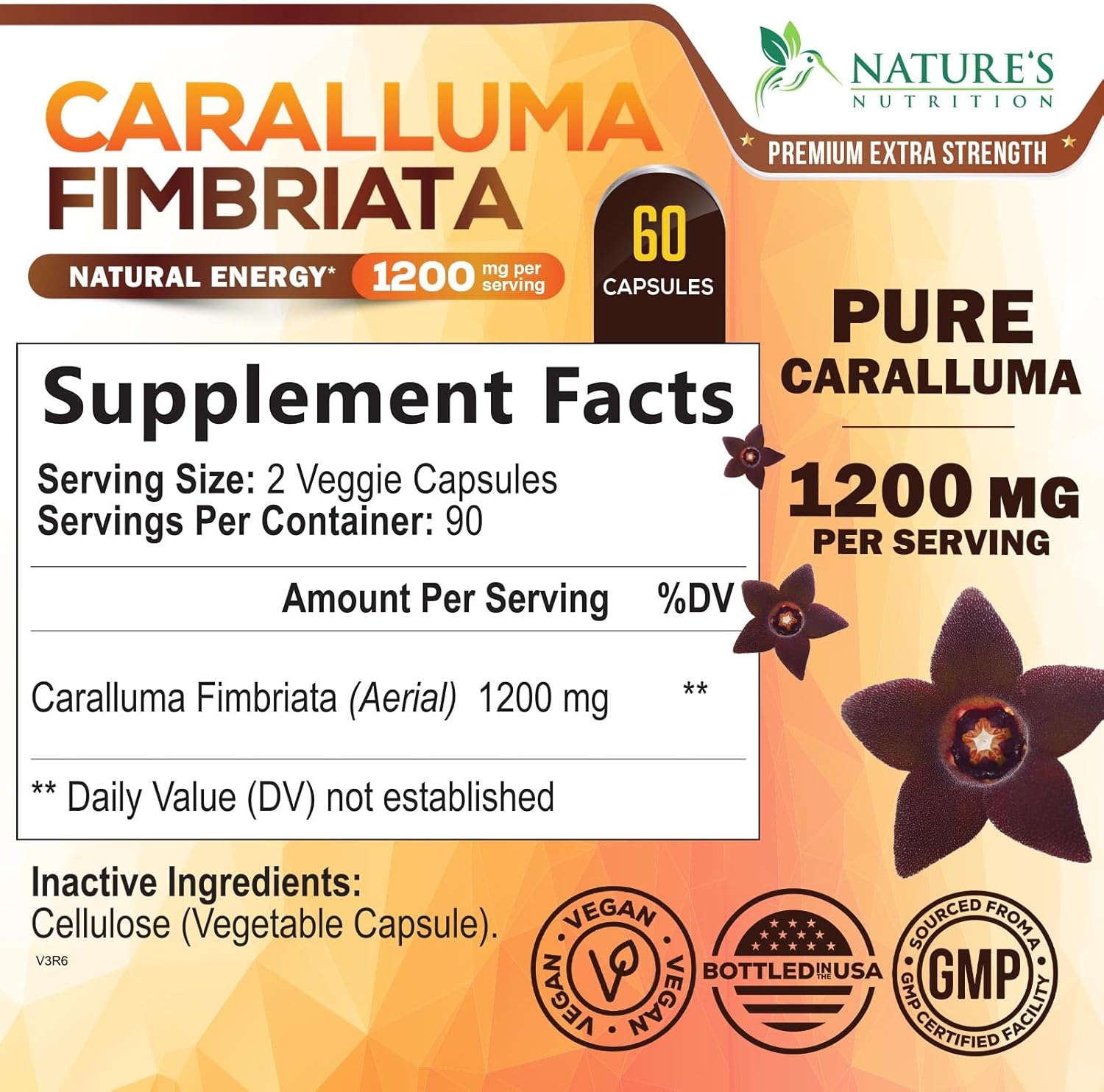 Highly Concentrated 1200mg Pure Caralluma Fimbriata Extract - Natural Endurance Support Capsules for Men & Women - Non-GMO Vegan Supplement - 180 Count