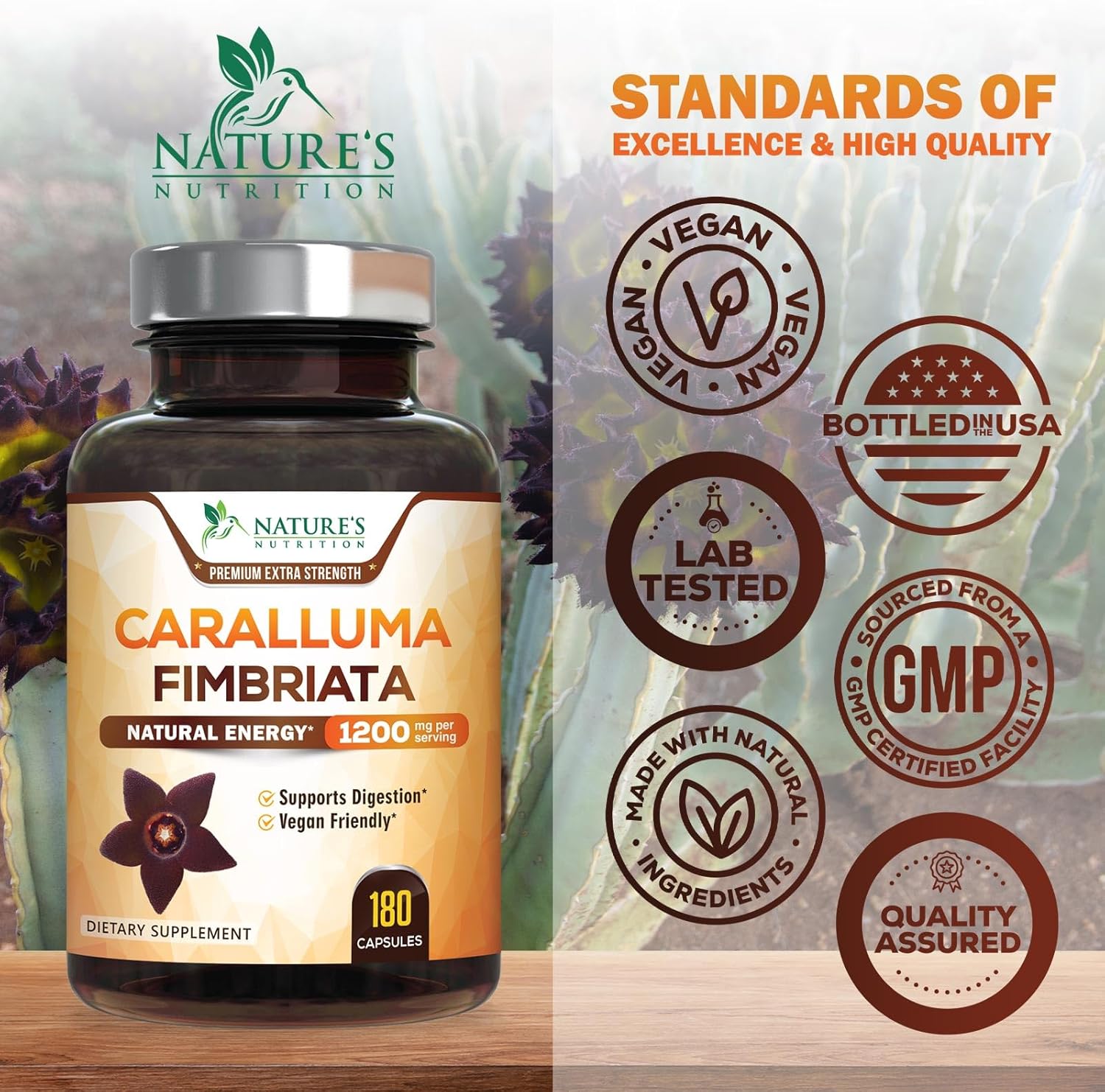 Highly Concentrated 1200mg Pure Caralluma Fimbriata Extract - Natural Endurance Support Capsules for Men & Women - Non-GMO Vegan Supplement - 180 Count