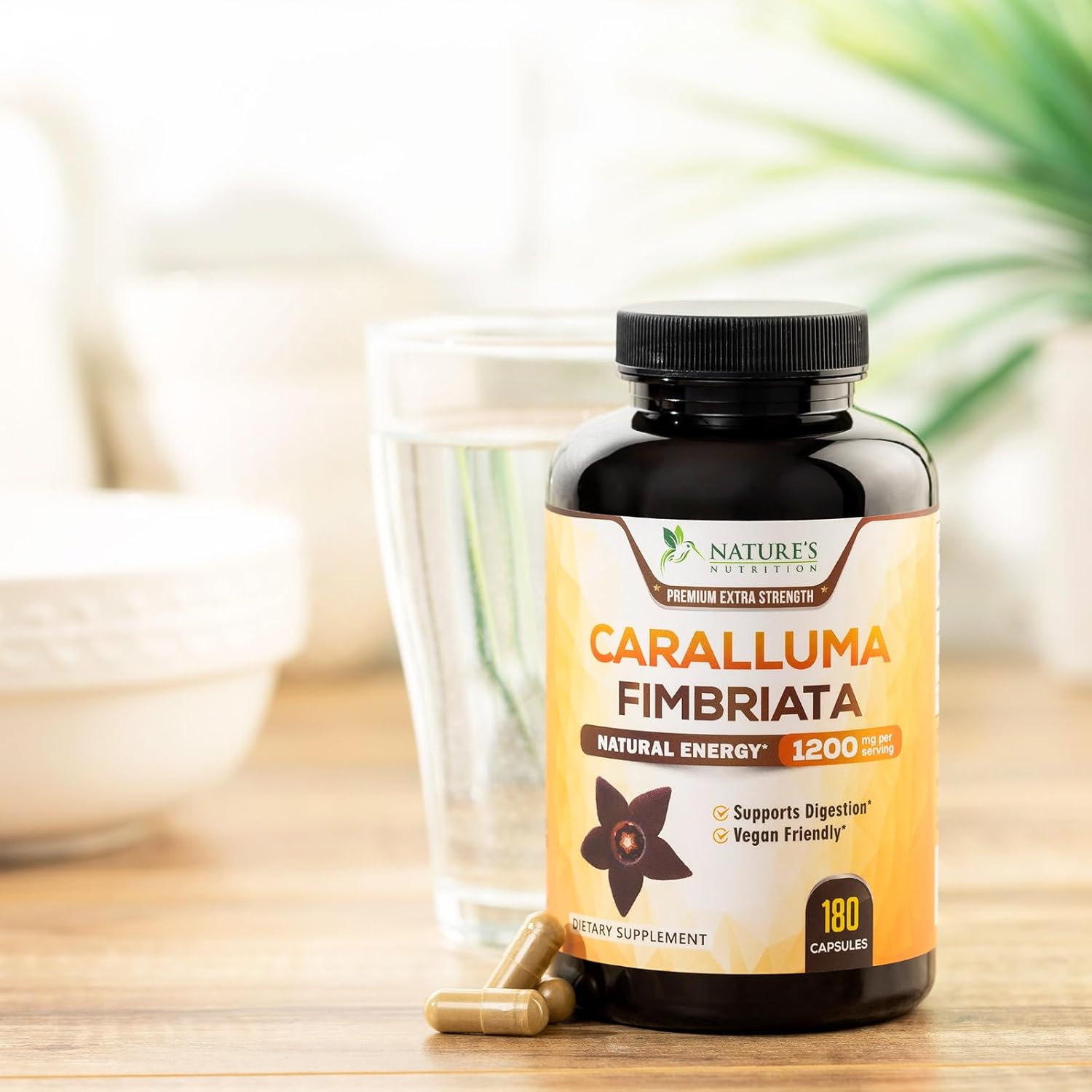 Highly Concentrated 1200mg Pure Caralluma Fimbriata Extract - Natural Endurance Support Capsules for Men & Women - Non-GMO Vegan Supplement - 180 Count