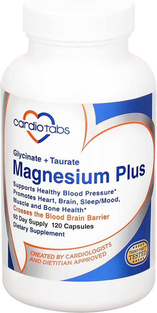 Highly Concentrated CardioTabs Magnesium Plus Capsules - Supports Blood Pressure, Heart Health, Brain Function, Sleep, and Mood - 200mg Magnesium Glycinate & Taurate - 120 Count