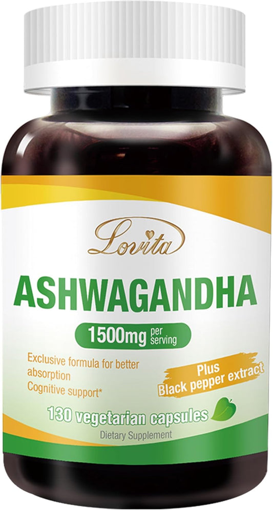 Highly Concentrated Lovita KSM-66 Ashwagandha Capsules for Stress Relief and Energy Support with 5% Withanolide and 95% Black Pepper Piperine - Vegan and Gluten Free