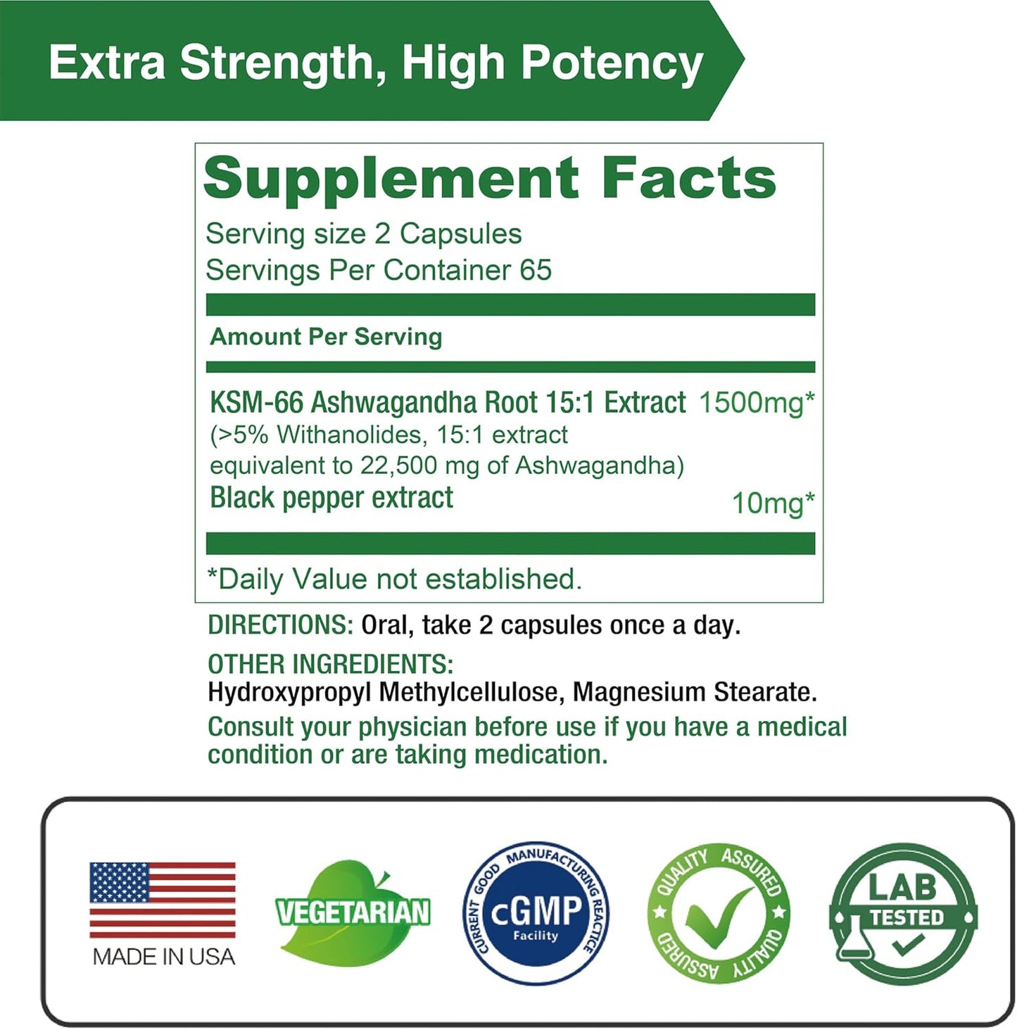 Highly Concentrated Lovita KSM-66 Ashwagandha Capsules for Stress Relief and Energy Support with 5% Withanolide and 95% Black Pepper Piperine - Vegan and Gluten Free