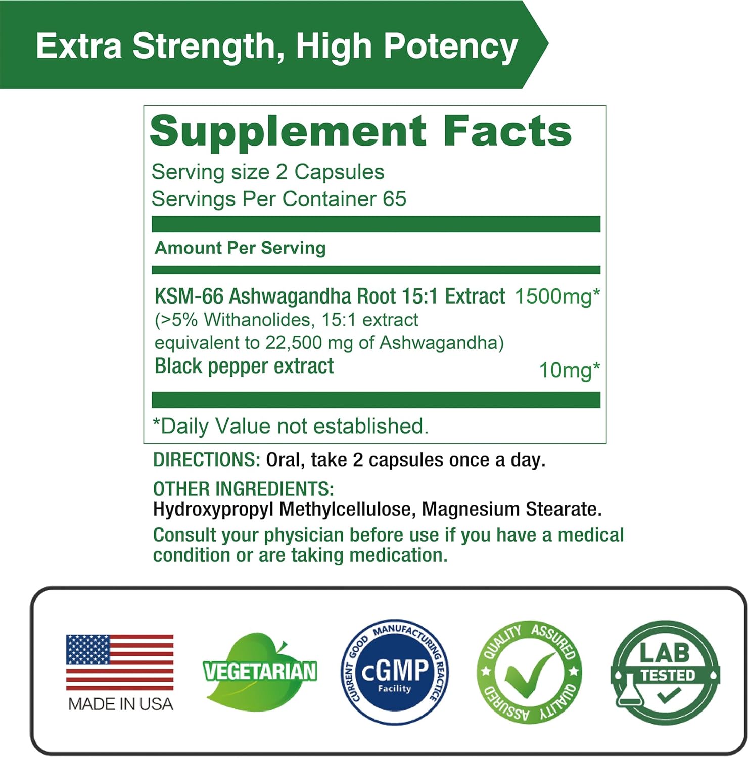 Highly Concentrated Lovita KSM-66 Ashwagandha Capsules for Stress Relief and Energy Support with 5% Withanolide and 95% Black Pepper Piperine - Vegan and Gluten Free