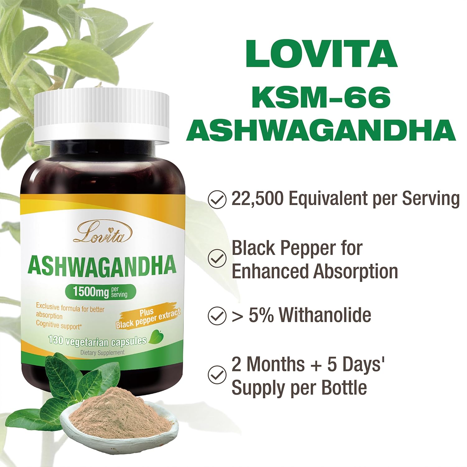 Highly Concentrated Lovita KSM-66 Ashwagandha Capsules for Stress Relief and Energy Support with 5% Withanolide and 95% Black Pepper Piperine - Vegan and Gluten Free