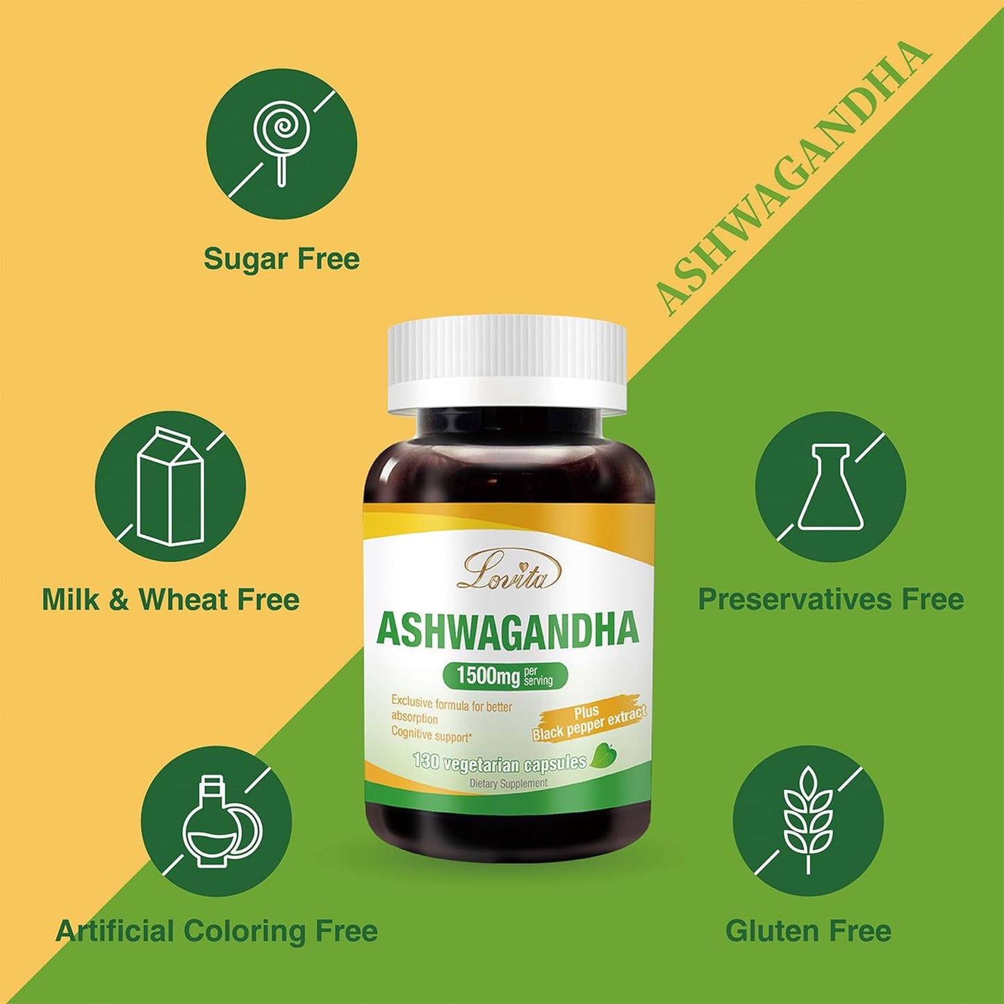 Highly Concentrated Lovita KSM-66 Ashwagandha Capsules for Stress Relief and Energy Support with 5% Withanolide and 95% Black Pepper Piperine - Vegan and Gluten Free