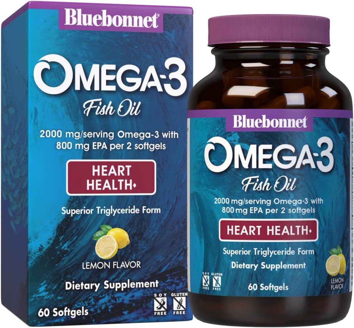 Highly Concentrated Omega-3 Heart Health Supplement - Bluebonnet Nutrition - Wild Caught Triglyceride Form DHA 600mg EPA 800mg - Gluten-Free - 60 Softgel