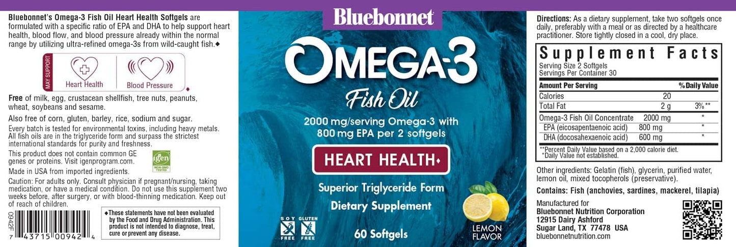 Highly Concentrated Omega-3 Heart Health Supplement - Bluebonnet Nutrition - Wild Caught Triglyceride Form DHA 600mg EPA 800mg - Gluten-Free - 60 Softgel