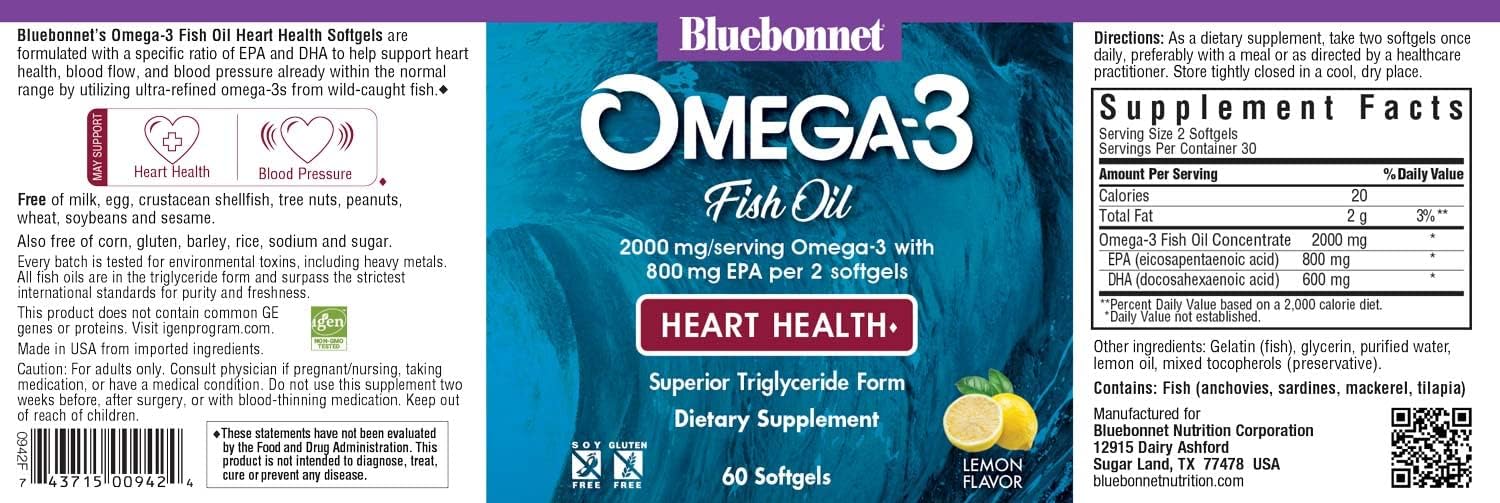 Highly Concentrated Omega-3 Heart Health Supplement - Bluebonnet Nutrition - Wild Caught Triglyceride Form DHA 600mg EPA 800mg - Gluten-Free - 60 Softgel