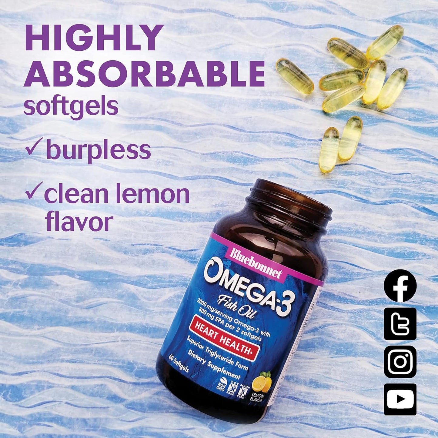 Highly Concentrated Omega-3 Heart Health Supplement - Bluebonnet Nutrition - Wild Caught Triglyceride Form DHA 600mg EPA 800mg - Gluten-Free - 60 Softgel
