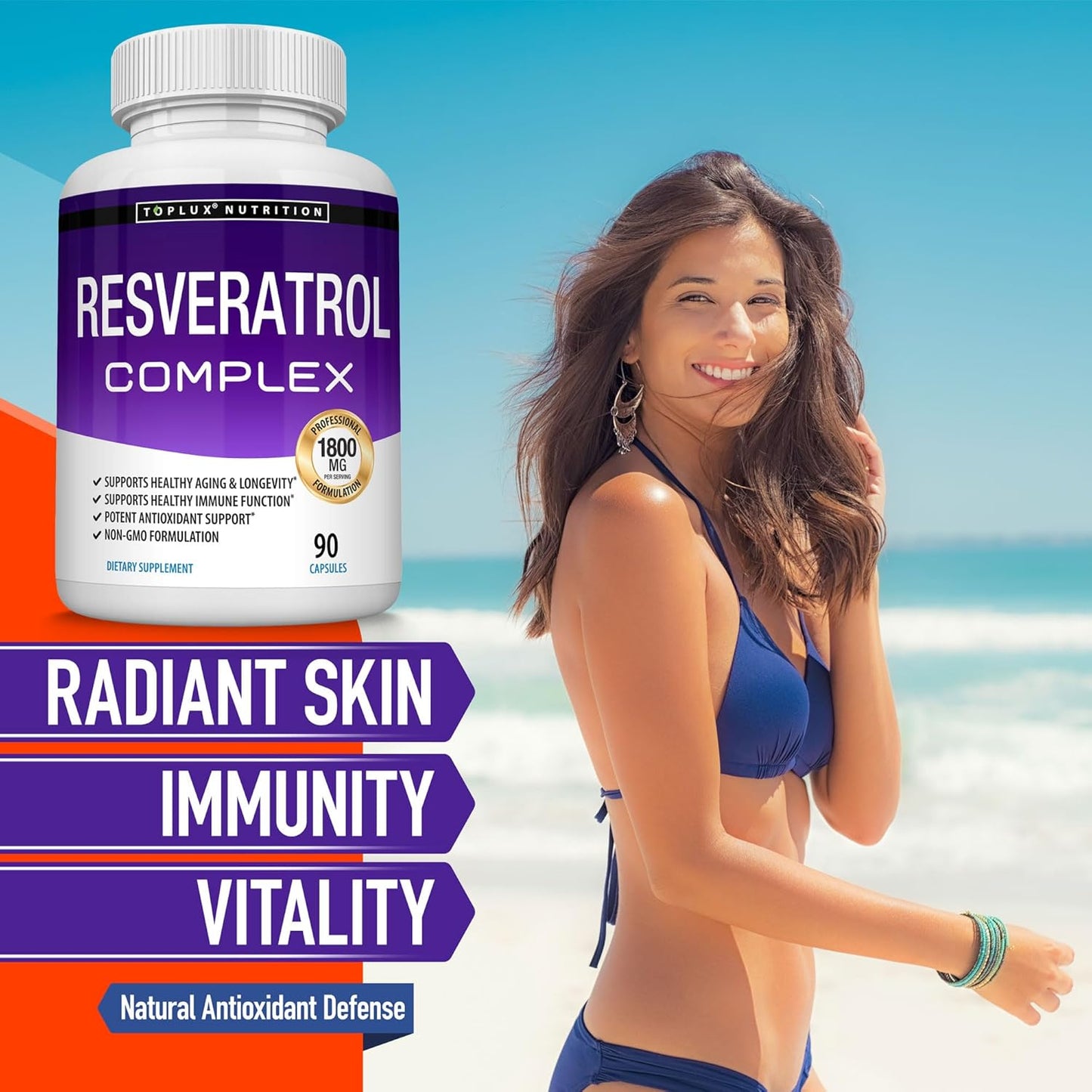 Highly Potent 1800mg Resveratrol Supplement for Healthy Aging - Antioxidant Complex for Immune System & Brain Function - 90 Capsules for Men & Women