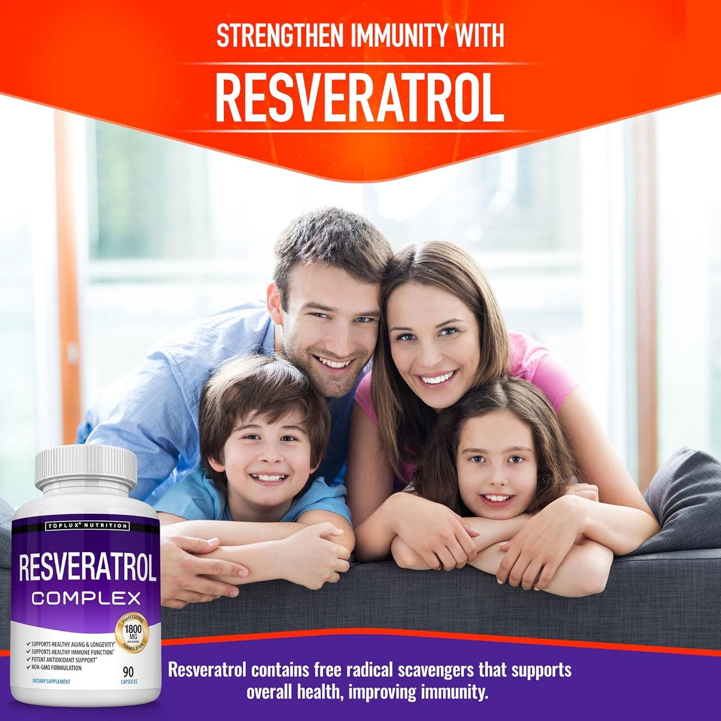 Highly Potent 1800mg Resveratrol Supplement for Healthy Aging - Antioxidant Complex for Immune System & Brain Function - 90 Capsules for Men & Women