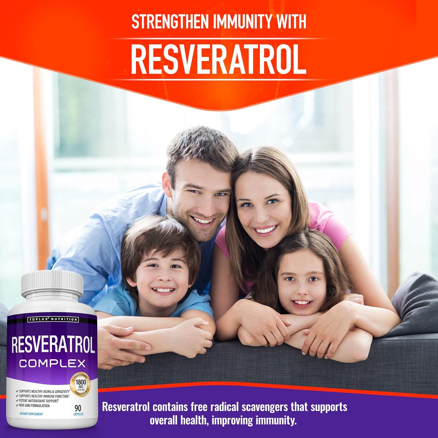 Highly Potent 1800mg Resveratrol Supplement for Healthy Aging - Antioxidant Complex for Immune System & Brain Function - 90 Capsules for Men & Women