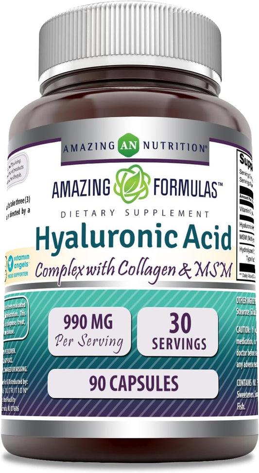 Highly Potent Hyaluronic Acid Complex with MSM, Collagen, and Vitamin C - 990mg - 90 Capsules - Non-GMO - Gluten Free - USA Made