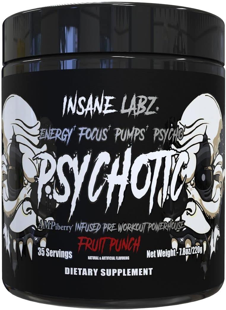 Highly Potent Mid-Stim Pre Workout Powder for Energy, Focus, and Pumps - Insane Labz Psychotic Black Edition with Creatine, Beta Alanine, Taurine, and AMPiberry - 35 Servings (Fruit Punch)