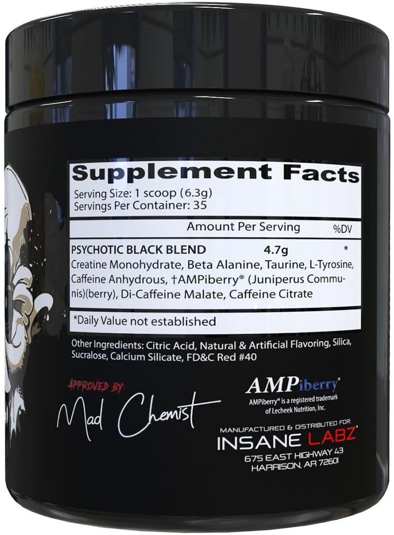 Highly Potent Mid-Stim Pre Workout Powder for Energy, Focus, and Pumps - Insane Labz Psychotic Black Edition with Creatine, Beta Alanine, Taurine, and AMPiberry - 35 Servings (Fruit Punch)
