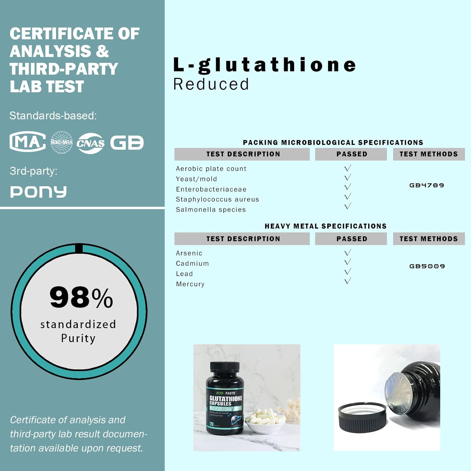 Highly Purified ECO-TASTE Glutathione Supplement - Reduced Form, 120 Capsules for Enhanced Absorption