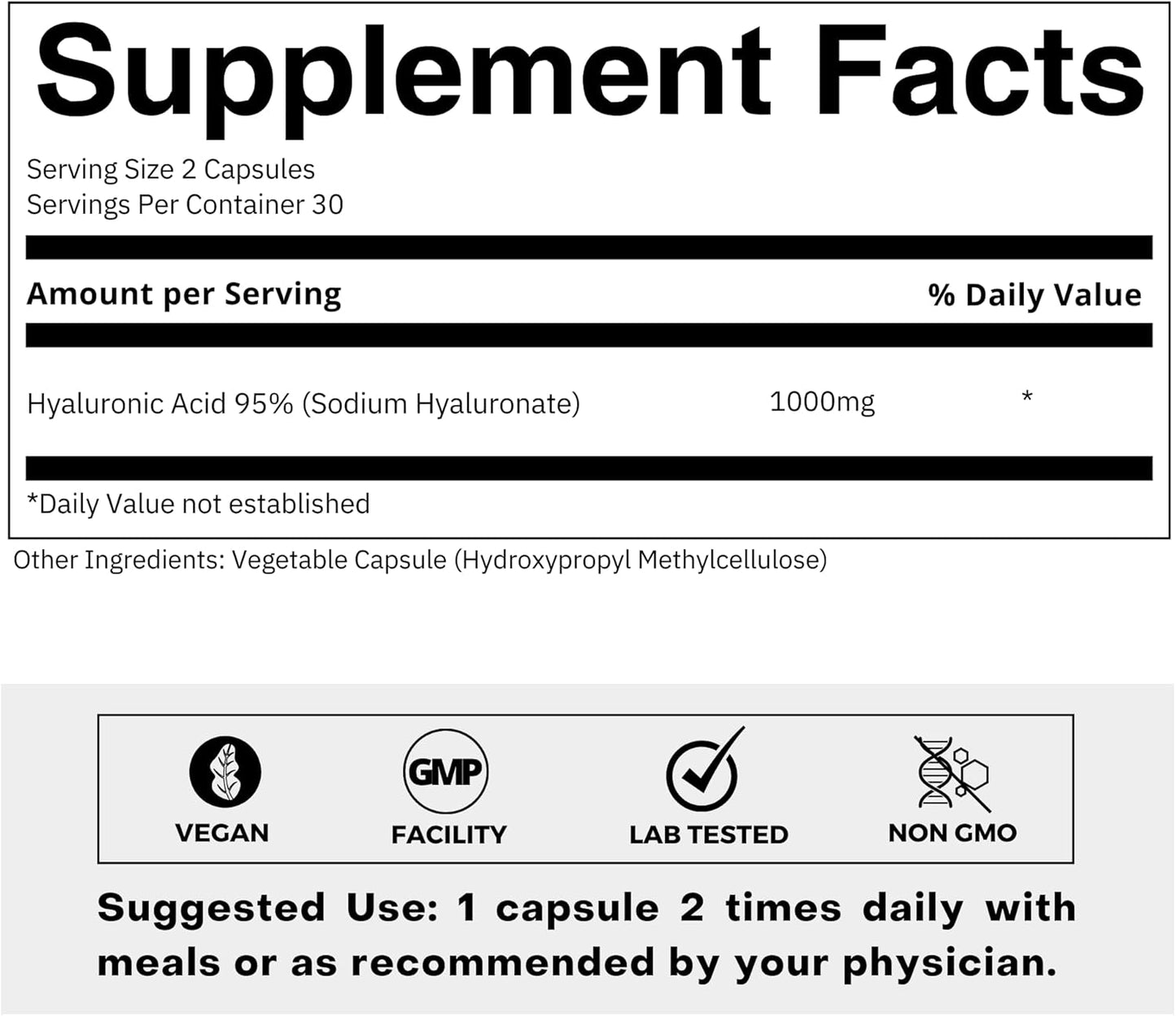 Highly Purified Hyaluronic Acid Capsules 500mg - 95% Sodium Hyaluronate - Low Molecular Weight - Non-GMO Fermented - 60 Capsules
