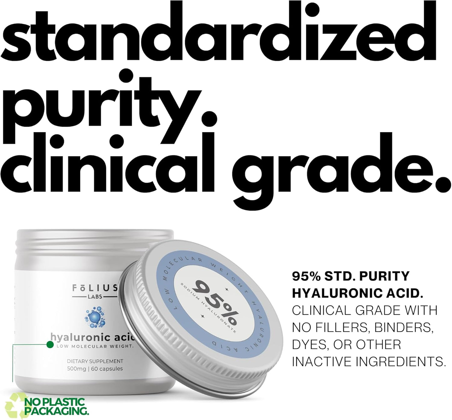 Highly Purified Hyaluronic Acid Capsules 500mg - 95% Sodium Hyaluronate - Low Molecular Weight - Non-GMO Fermented - 60 Capsules