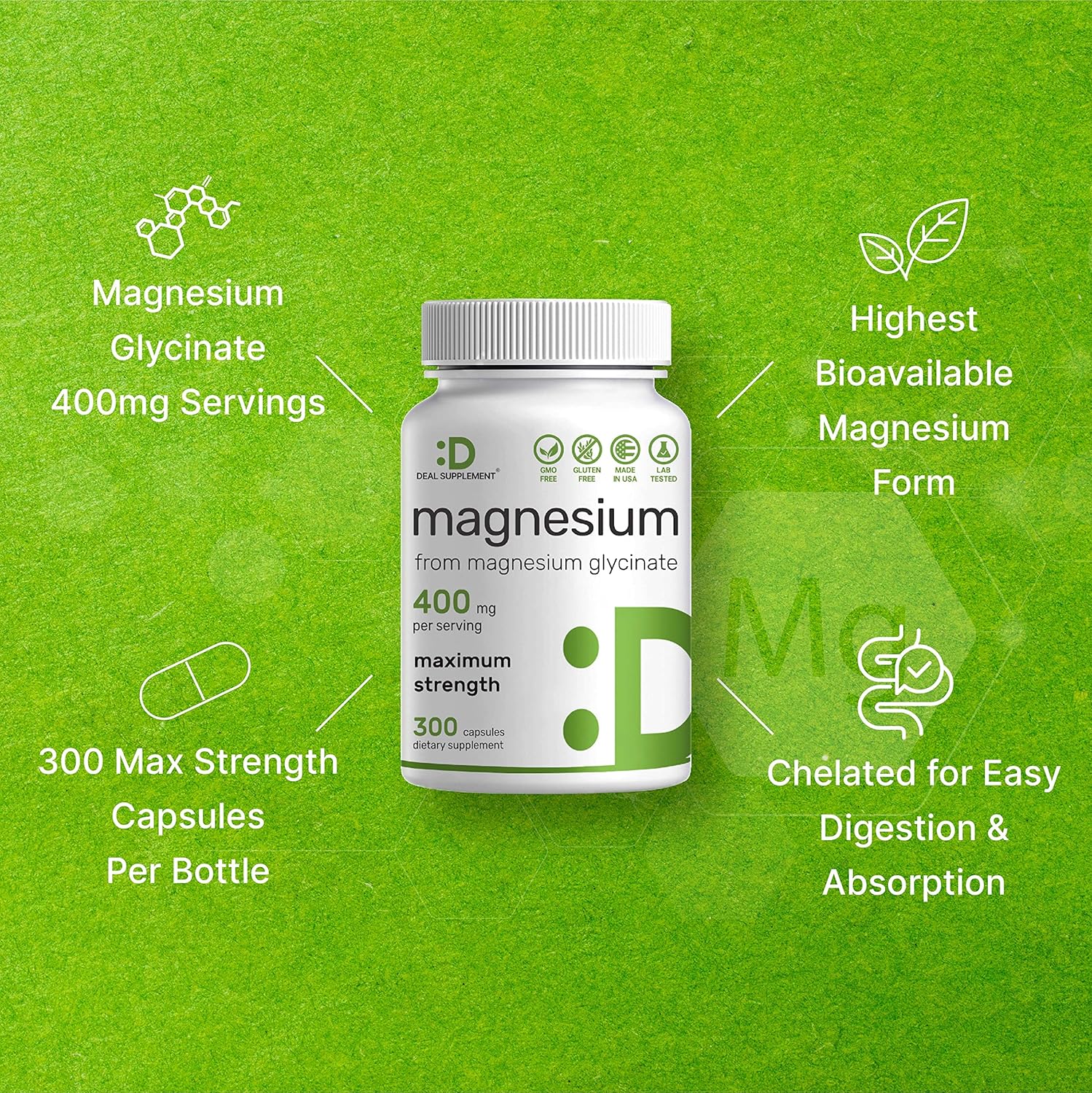 Highly Purified Magnesium Glycinate Supplement | 400mg Elemental Magnesium - 300 Capsules | Chelated for Easy Absorption | Essential Trace Mineral for Muscle, Joint, Heart, & Immune Support
