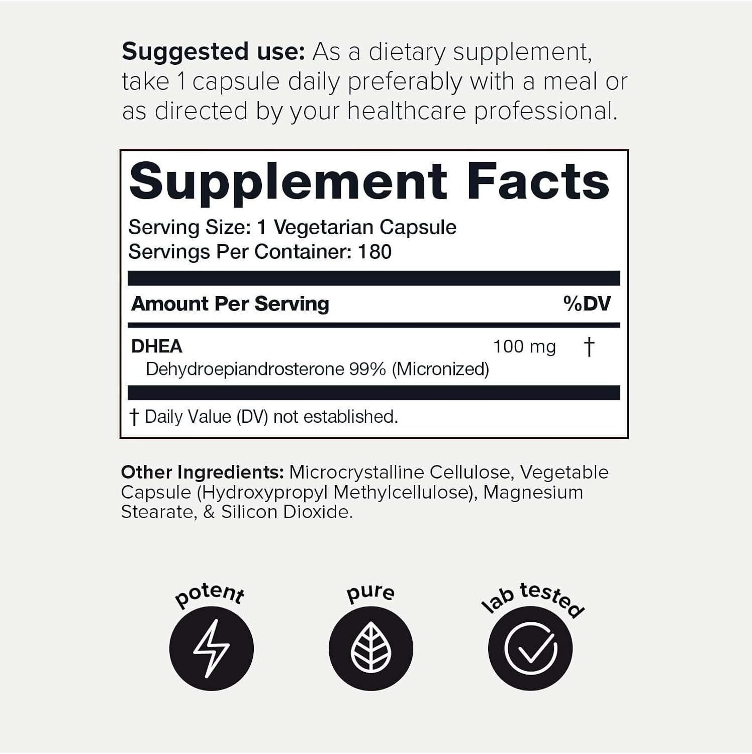 Highly Purified Micronized DHEA 100mg Supplement for Men and Women - Ultra Strength 99%+ Bioavailability - 180 Capsules