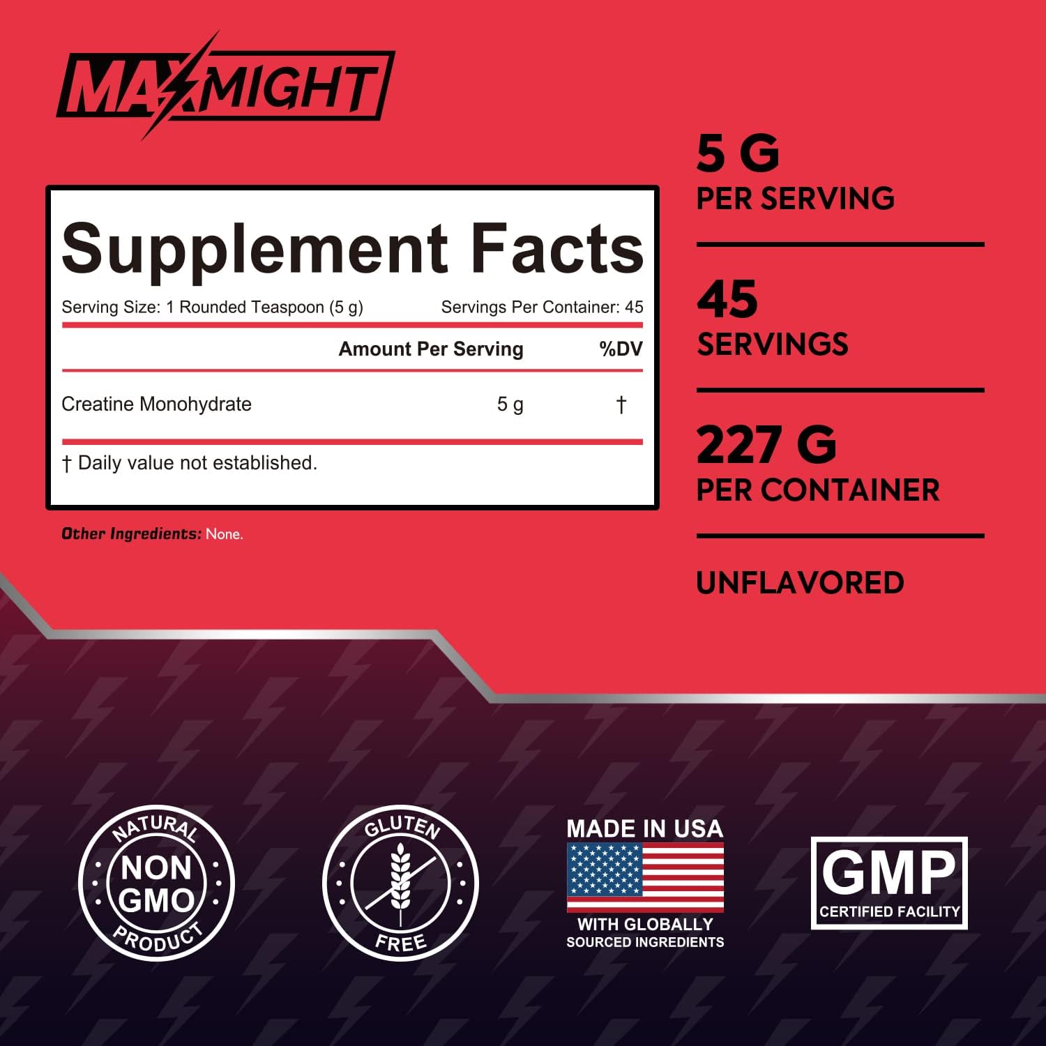 Highly Soluble Unflavored Creatine Monohydrate Powder for Muscle Building, 5g Per Serving, Micronized Formula for Enhanced Performance, 45 Servings for Men & Women