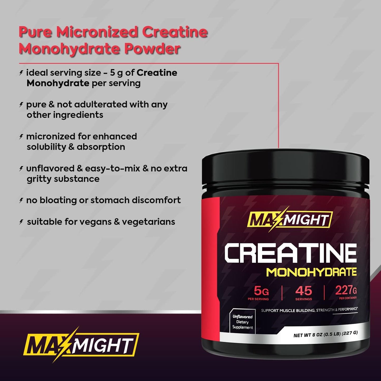 Highly Soluble Unflavored Creatine Monohydrate Powder for Muscle Building, 5g Per Serving, Micronized Formula for Enhanced Performance, 45 Servings for Men & Women