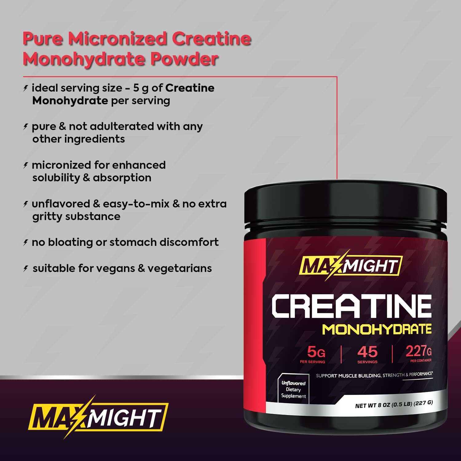 Highly Soluble Unflavored Creatine Monohydrate Powder for Muscle Building, 5g Per Serving, Micronized Formula for Enhanced Performance, 45 Servings for Men & Women