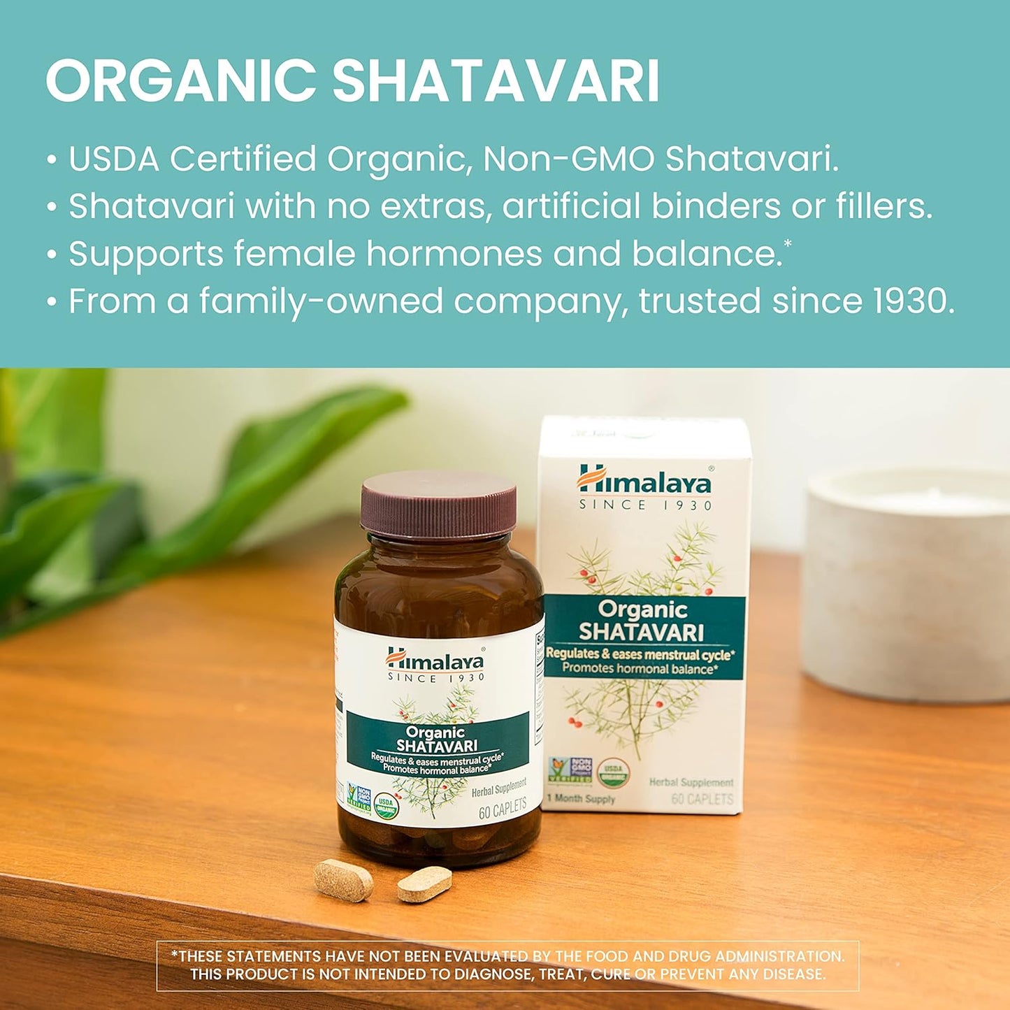 Himalaya Organic Shatavari Caplets for Women's Health - 1,300mg, 2 Month Supply - Menstrual Cramp Relief, Menopause Support - 60 Caplets x 2 Pack