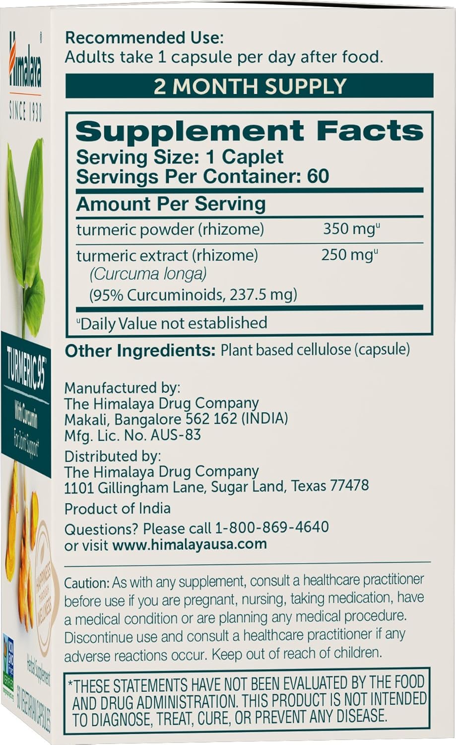 Himalaya Turmeric 95 Supplement - Curcumin for Joint & Muscle Support - 600mg Capsules - Non-GMO, Vegan, Gluten Free - 60 Day Supply