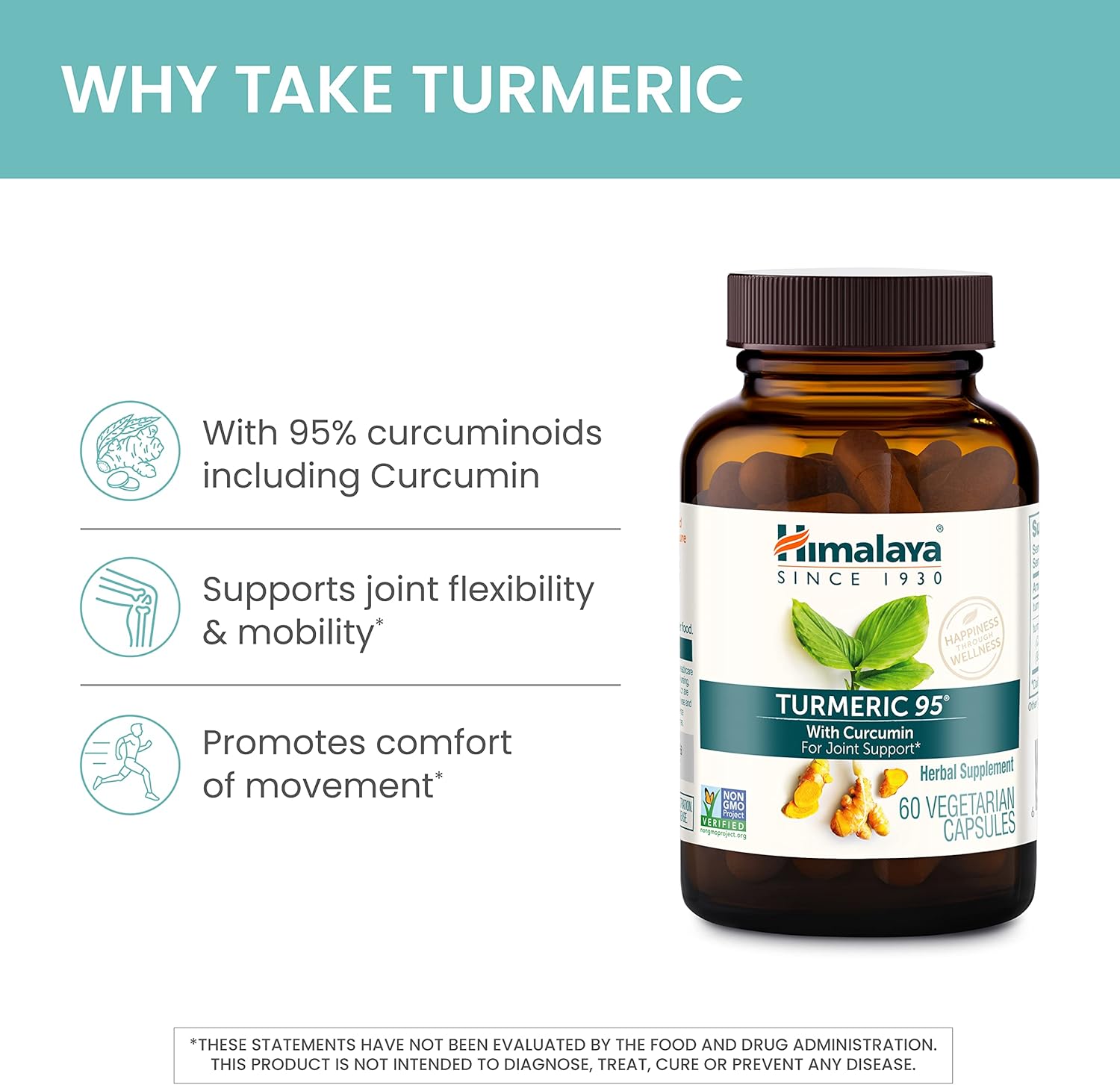 Himalaya Turmeric 95 Supplement - Curcumin for Joint & Muscle Support - 600mg Capsules - Non-GMO, Vegan, Gluten Free - 60 Day Supply