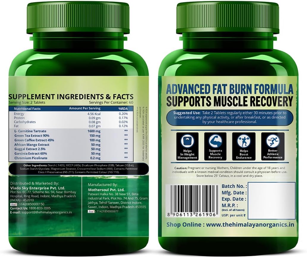 Himalayan Organics L-Carnitine L-Tartrate & Green Tea Extract Tablets - 2000 Mg - Supports Weight Management, Muscle Recovery, Energy, Endurance & Fat Burn - 120 Vegetarian Tabs