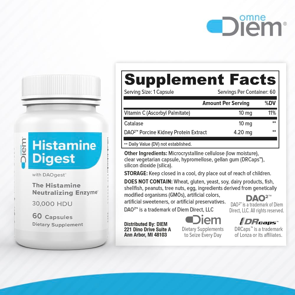 Histamine Neutralizing Enzyme Capsules - 20,000 HDU - 60 Caps - Relieve Histamine Intolerance - Defend Against Allergy Reactions - Red Wine Headache Relief