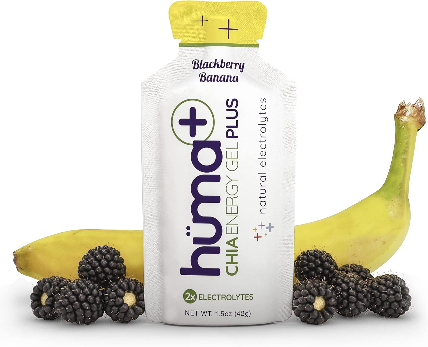 HÜMA CHIA ENERGY GEL Huma Plus (Double Electrolytes) - BlackBerry Banana Flavor, 24 Pack - Real Food Energy Gels, Stomach Friendly Formula
