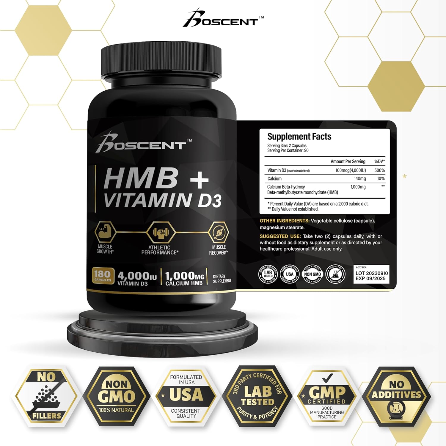 HMB and Vitamin D3 Muscle Builder Supplement - 1,000 MG (180 Capsules) - Promotes Muscle Growth and Strength - B-Hydroxy B-Methylbutyrate Butyrate Formula for Men