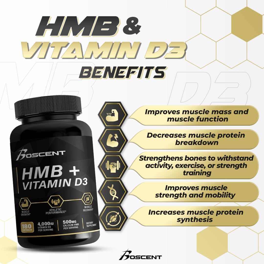 HMB and Vitamin D3 Muscle Builder Supplement - 1,000 MG (180 Capsules) - Promotes Muscle Growth and Strength - B-Hydroxy B-Methylbutyrate Butyrate Formula for Men