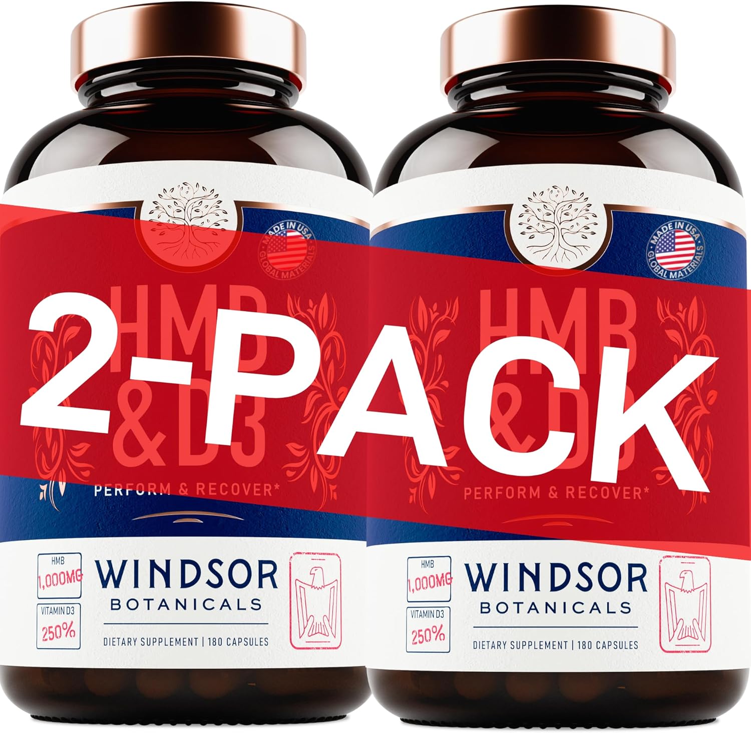 HMB and Vitamin D3 Supplement for Muscle Growth and Recovery - 1,000 MG HMB, Calcium, 360 Capsules - Windsor Botanicals