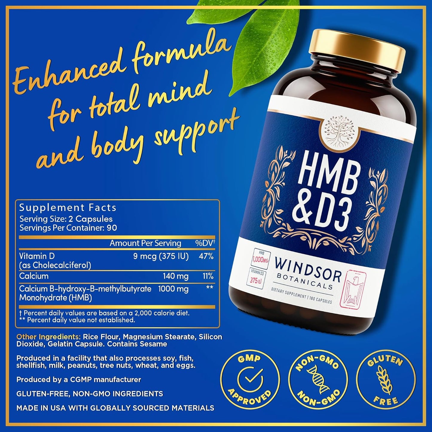 HMB and Vitamin D3 Supplement for Muscle Growth and Recovery - 1,000 MG HMB, Calcium, 360 Capsules - Windsor Botanicals