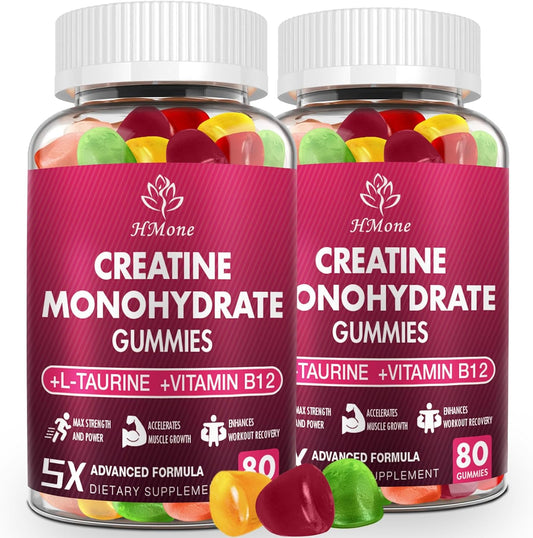 HMone Creatine Monohydrate Gummies - Muscle Gain & Energy Boost Supplements for Men & Women, 160 Count, Chewable & Vegan