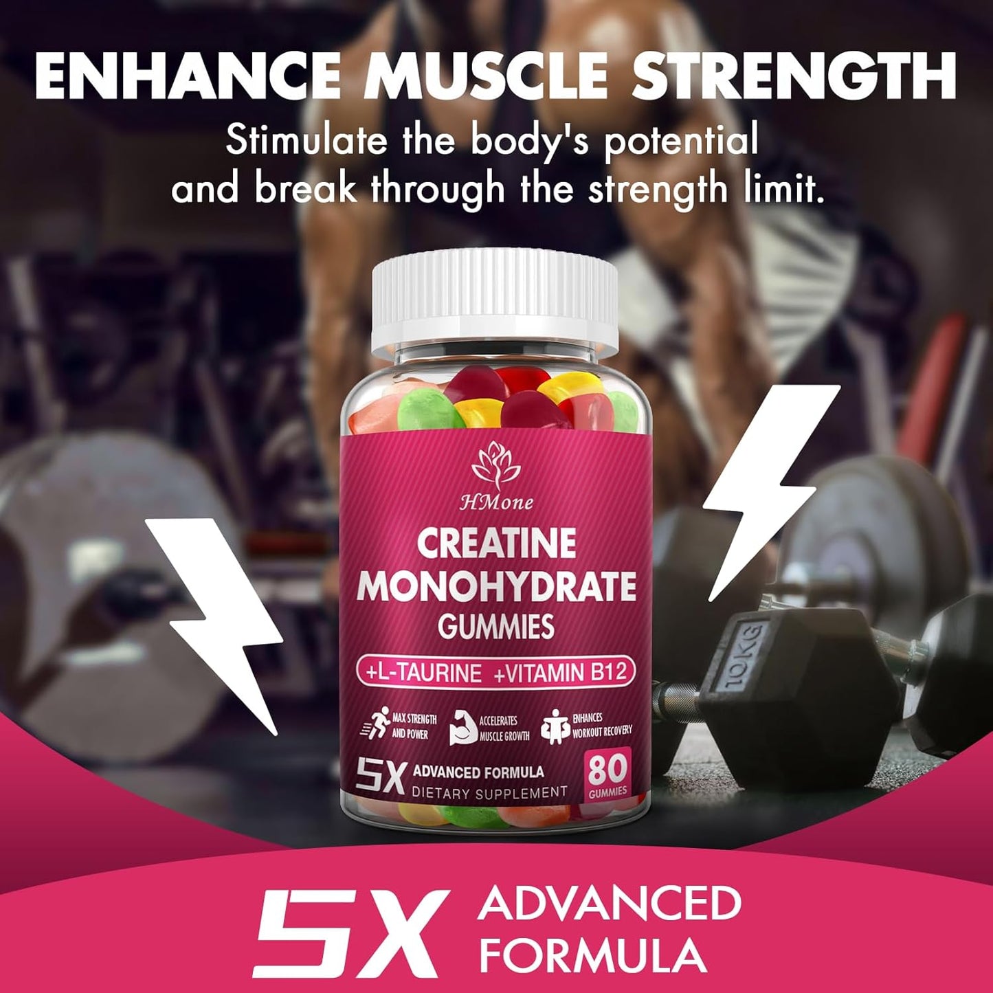HMone Creatine Monohydrate Gummies - Muscle Gain & Energy Boost Supplements for Men & Women, 160 Count, Chewable & Vegan