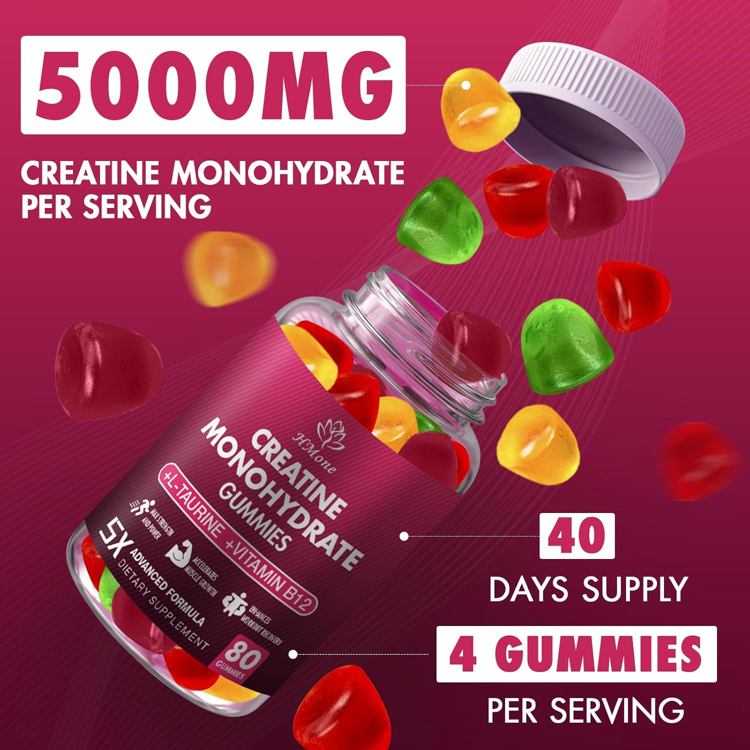 HMone Creatine Monohydrate Gummies - Muscle Gain & Energy Boost Supplements for Men & Women, 160 Count, Chewable & Vegan
