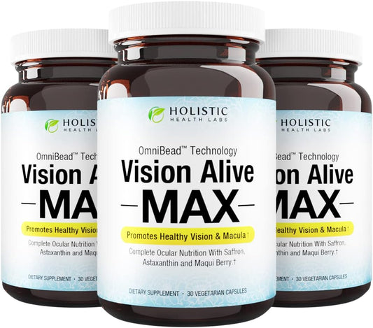 Holistic Health Labs Vision Alive Max: 8 Natural Ingredients for Eye Health - Lutemax® 2020, Bilberries, Blueberries, c3g from Black Currant, Maqui Berry, Saffron, Astaxanthin - 30 Count (Pack of 3)
