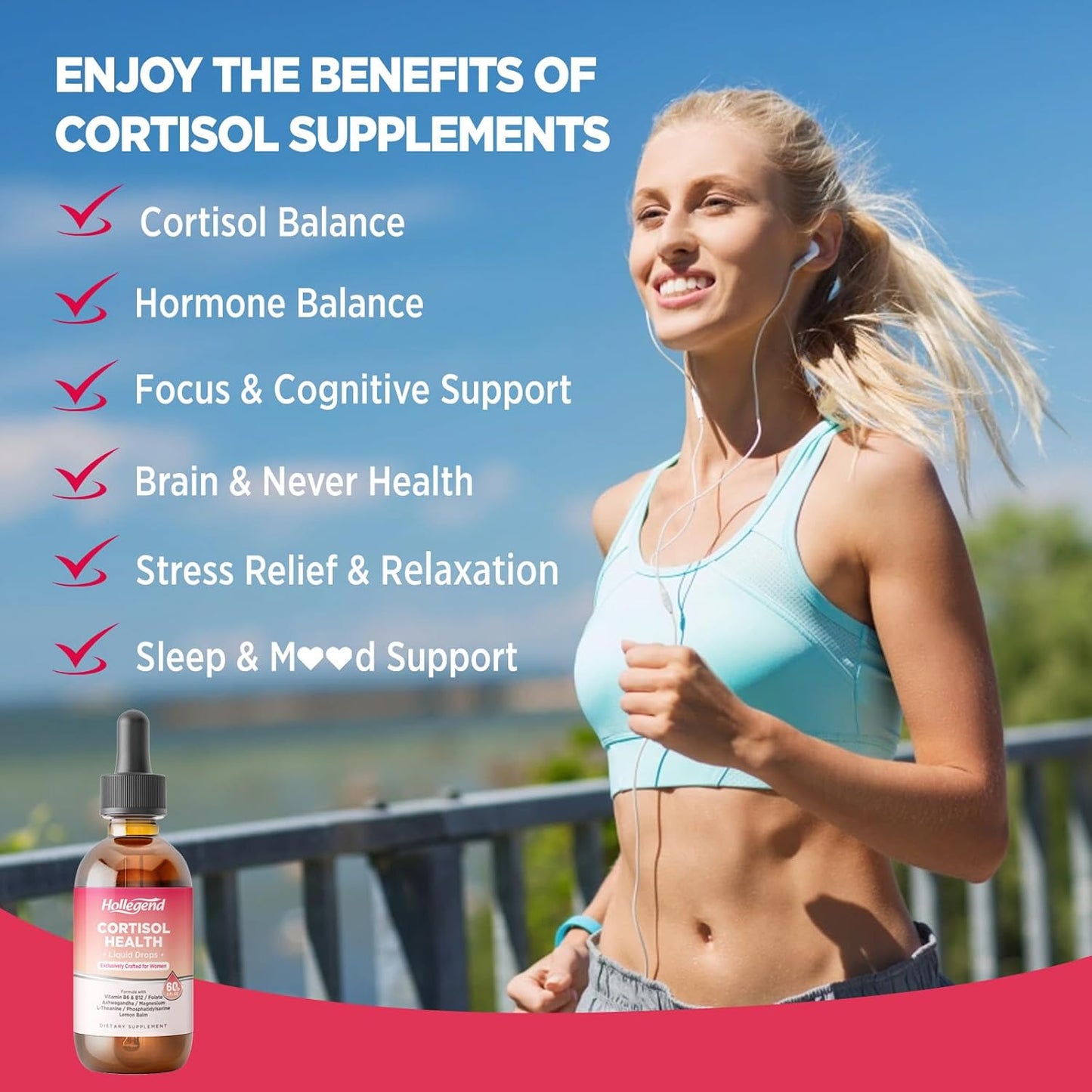 HOLLEGEND Cortisol Reducing Liquid Drops for Women - 16-in-1 Supplement with Ashwagandha, Magnesium, L-Theanine, Folate - Promotes Relaxation and Hormone Balance - Strawberry Flavor