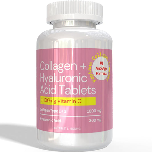 hollywoodskin Peptan Collagen Complex: Age-Defying Support with 1000mg Collagen, 300mg HA, 100mg Vitamin C - 180 Tablets