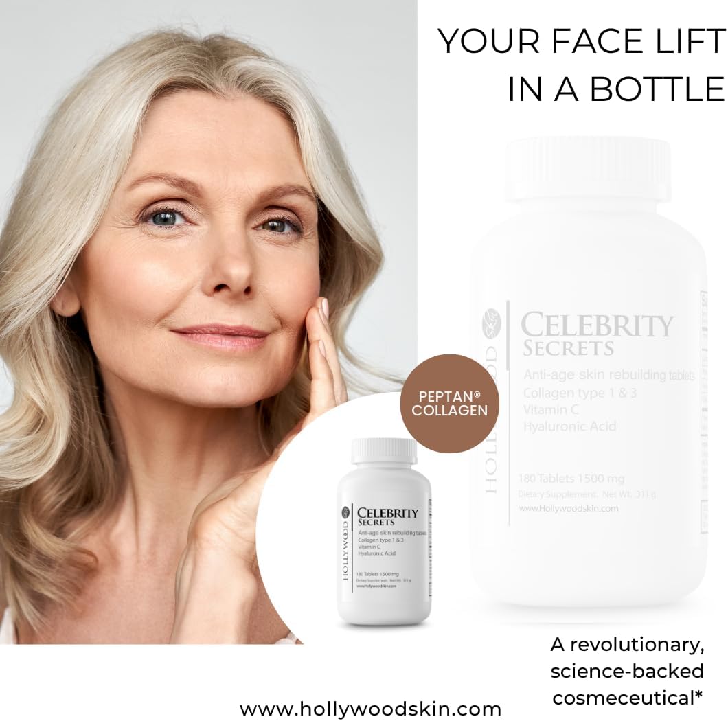 hollywoodskin Peptan Collagen Complex: Age-Defying Support with 1000mg Collagen, 300mg HA, 100mg Vitamin C - 180 Tablets